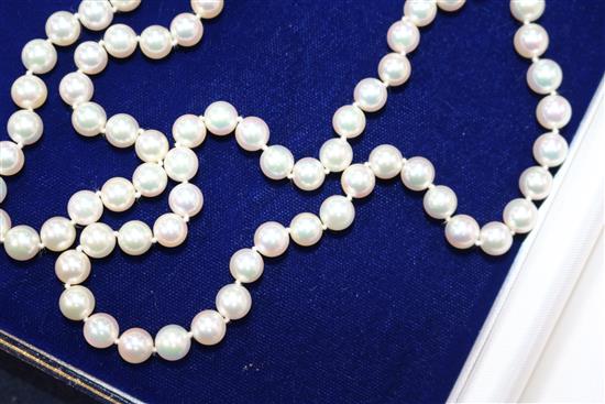 *A Mikimoto single strand cultured pearl necklace with 18ct gold clasp, with Mikimoto box, 36in.